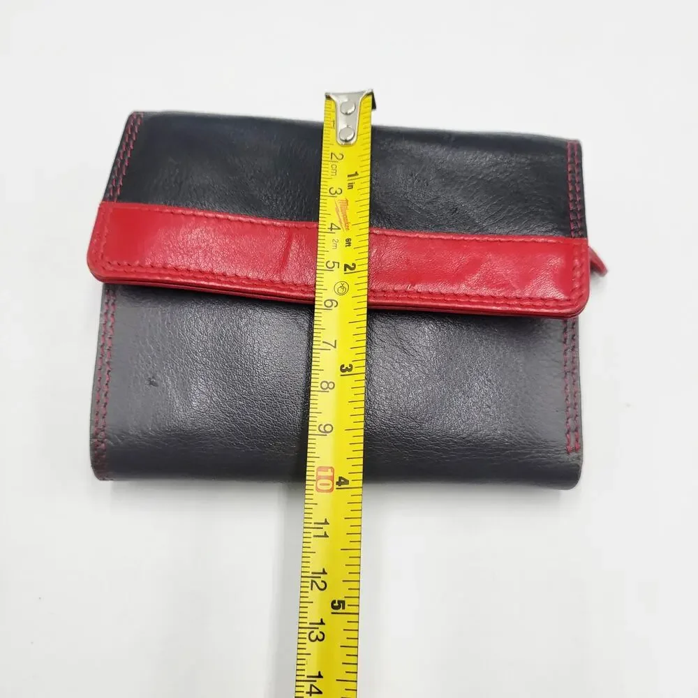 Red Gray & Black Colorblock Genuine Leather RFID Protection Tri-Fold Wallet